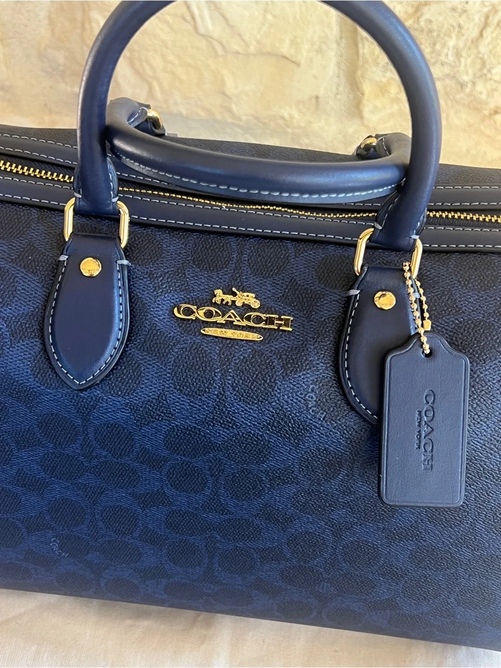 Coach Navy Signature Duffel Bag with Gold Hardware